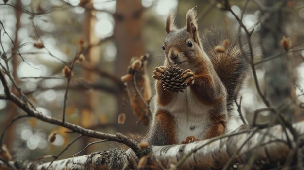 Un écureuil est assis sur une branche de la forêt et tient une cône de pin dans ses pattes.