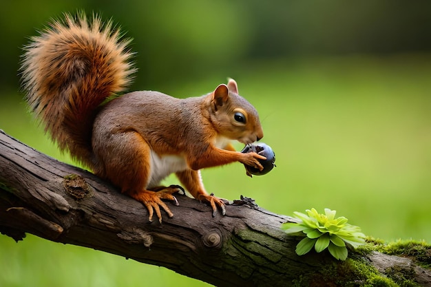 Un écureuil est assis sur une branche en train de manger une myrtille.