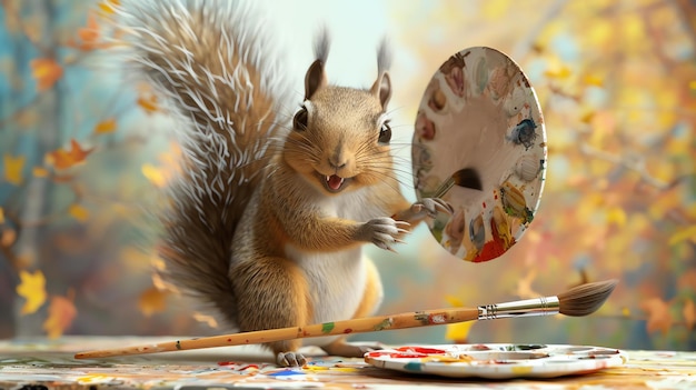 Photo un écureuil est assis sur une table tenant un pinceau et une palette l'écureuilest entouré de feuilles d'automne colorées