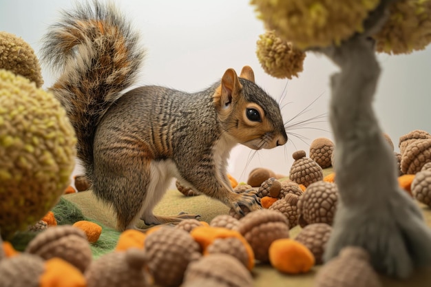 L'écureuil fouille les faux glands et les arbres en peluche