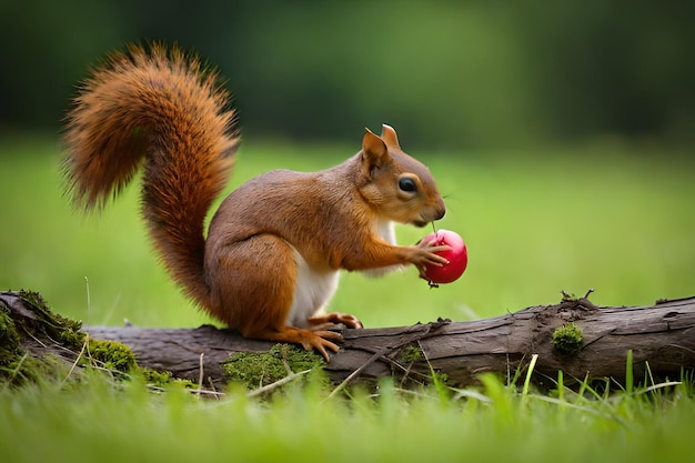 Un écureuil mange une pomme rouge dans un champ