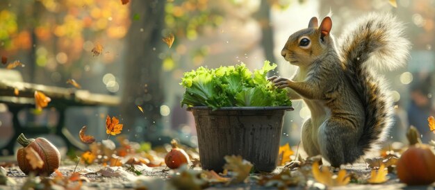 Un écureuil mangeant de la laitue en pot
