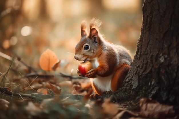 Un écureuil mignon consomme des fruits d'un arbre