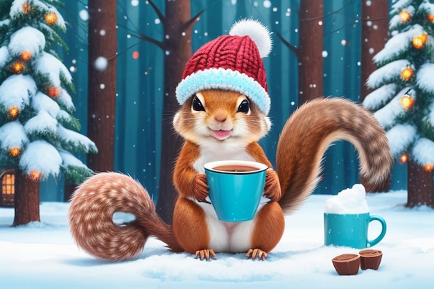Un écureuil mignon et joyeux dans un chapeau tricoté boit