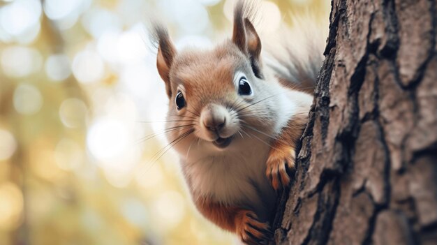 Un écureuil moelleux et mignon descend le tronc d'un arbre