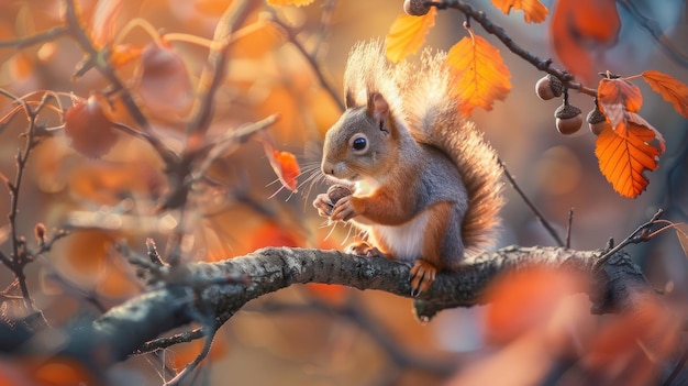 Photo un écureuil perché sur une branche d'arbre d'automne montrant sa queue touffue