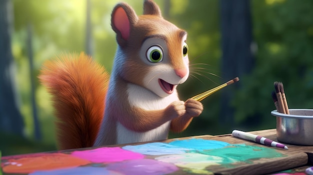 Un écureuil avec un pinceau et un pinceau