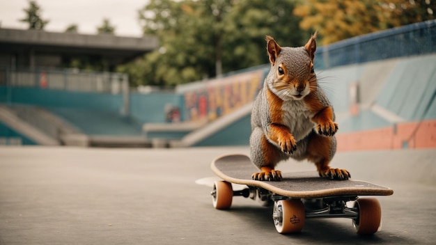 Un écureuil sur une planche à roulettes dans un parc de patinage