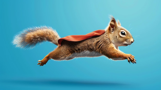 Photo un écureuil portant une cape rouge vole dans les airs l'écureuil est brun et poilu avec une longue queue touffue