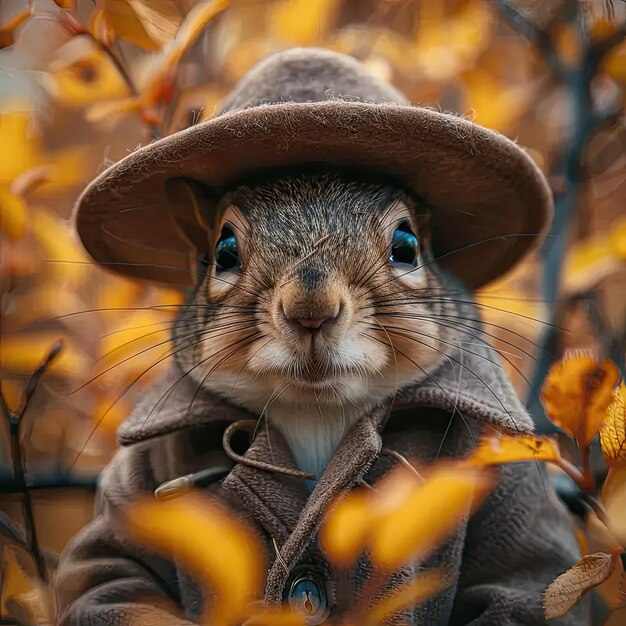 Un écureuil portant un chapeau et un manteau bruns