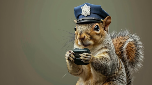 Photo un écureuil portant un chapeau de police tient un walkietalkie l'écureuil regarde vers le côté avec une expression sérieuse sur son visage