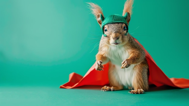 Photo un écureuil portant un chapeau vert et une cape rouge se tient sur un fond vert l'écureuil regarde la caméra avec une expression déterminée