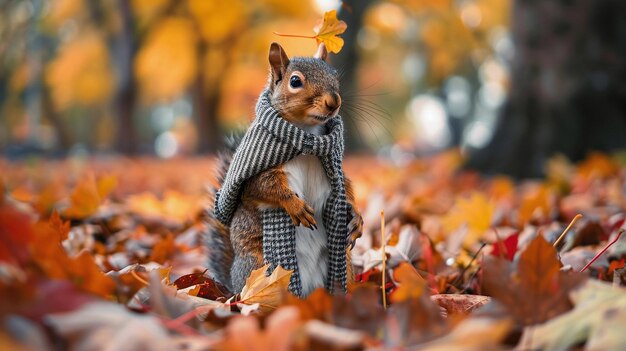 Un écureuil portant un foulard se tient dans une pile de feuilles tombées