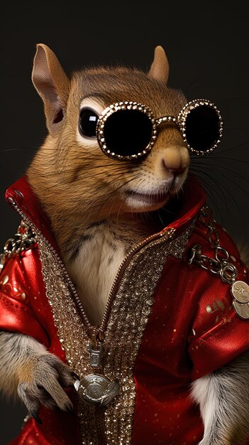 Photo un écureuil portant une veste rouge et des lunettes de soleil avec une veste rouge dessus