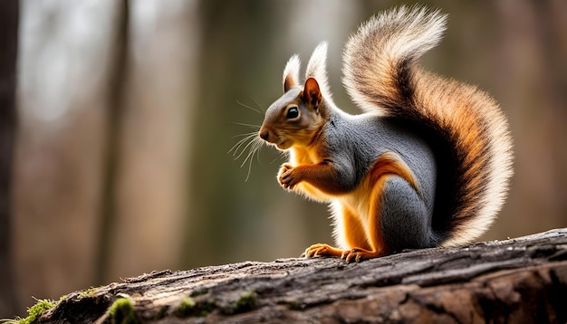 un écureuil avec une queue rouge est assis sur une bûche