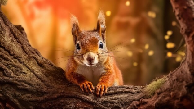 L'écureuil rouge sur l'arbre Le beau écureuil aux yeux orange