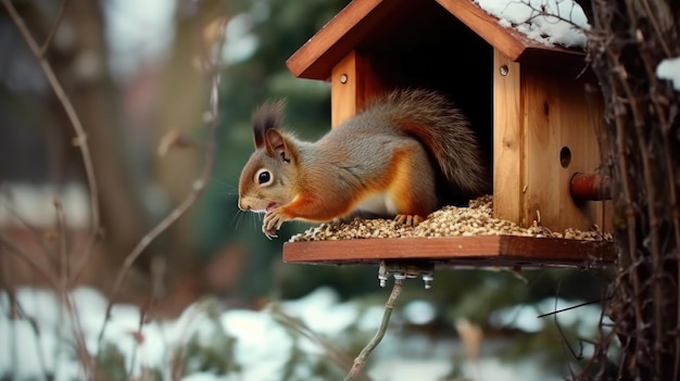 Un écureuil roux est assis sur un nichoir dans la neige.