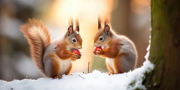 L'écureuil roux mignon mange une noix dans la forêt d'hiver