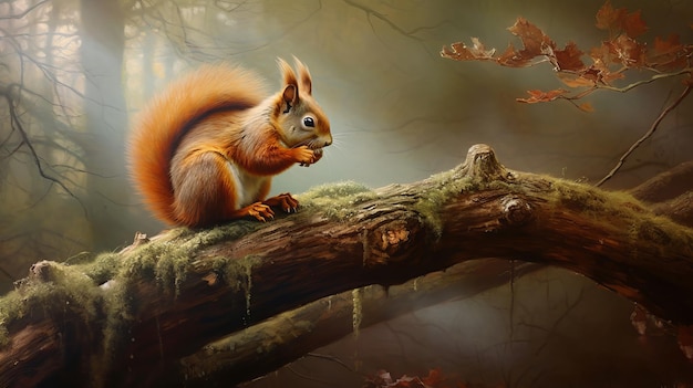 Un écureuil roux perché sur une branche d'arbre grignotant de l'IA générée