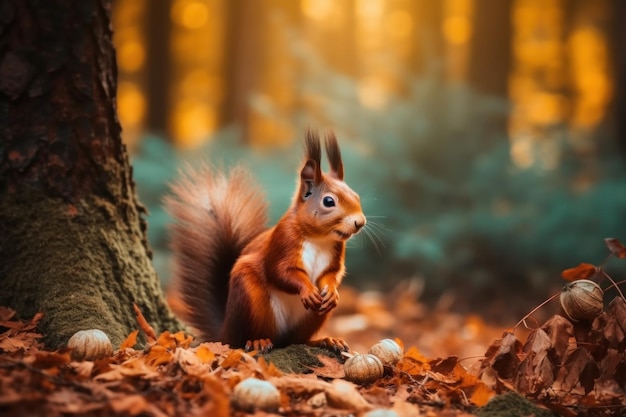 L'écureuil roux Sciurus vulgaris dans son habitat naturel dans la forêt d'automne