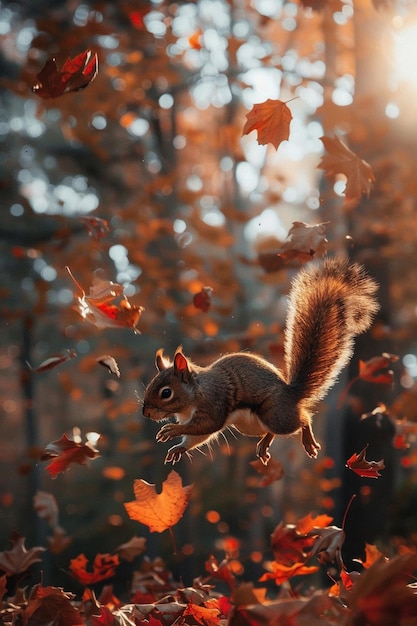 Photo l'écureuil saute sur les feuilles d'automne vibrantes