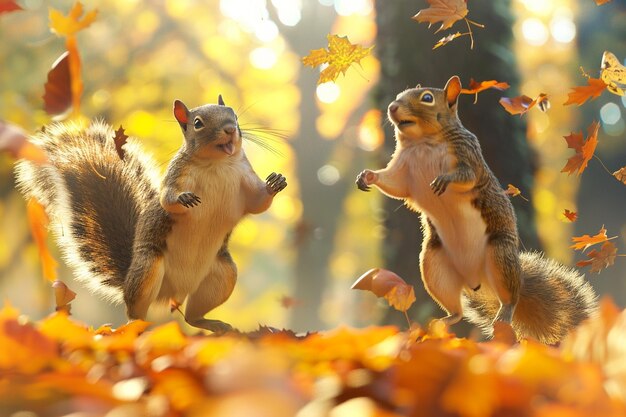 Des écureuils enjoués dans les feuilles d'automne