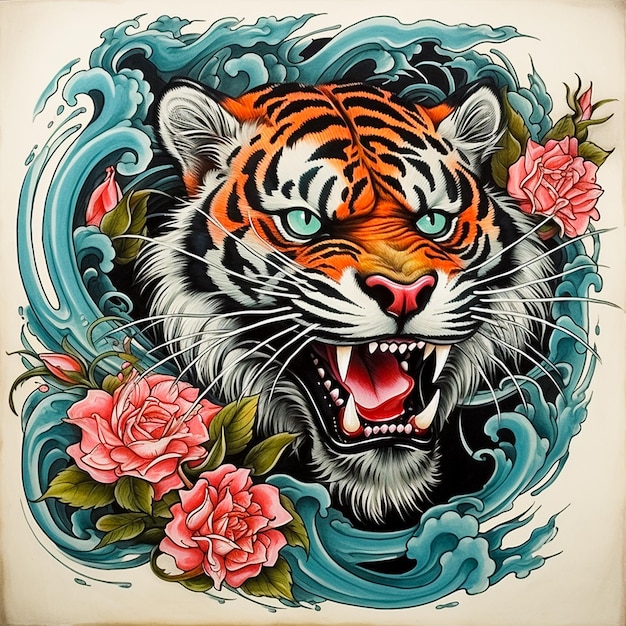Ed Hardy Tiger - Conception de tatouage old school sur le thème asiatique pour t-shirt et étui à mug