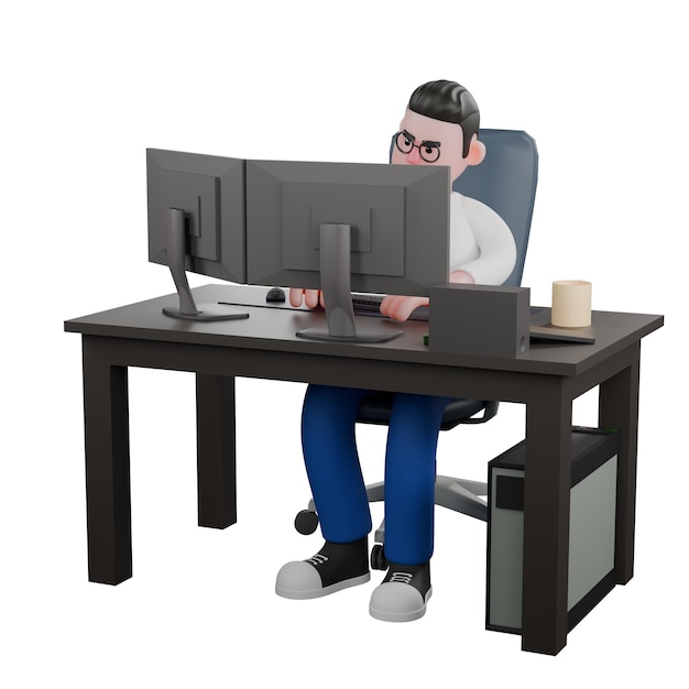 Un éditeur vidéo masculin est assis avec deux ordinateurs sur une table tout en tapant sur le clavier avec les deux mains