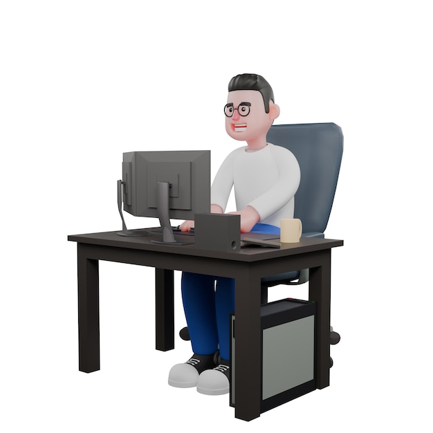 Un éditeur vidéo masculin est assis avec un ordinateur sur la table tout en tapant sur le clavier avec les deux mains