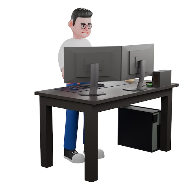 Un éditeur vidéo masculin se tient derrière un bureau avec deux ordinateurs sur lui expression multitâche