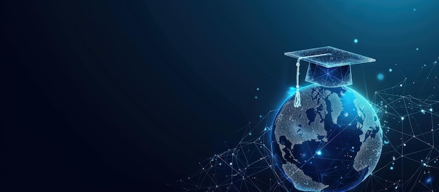 Éducation mondiale futuriste avec une casquette de célibataire et une carte de la terre sur fond bleu image générée par l'IA