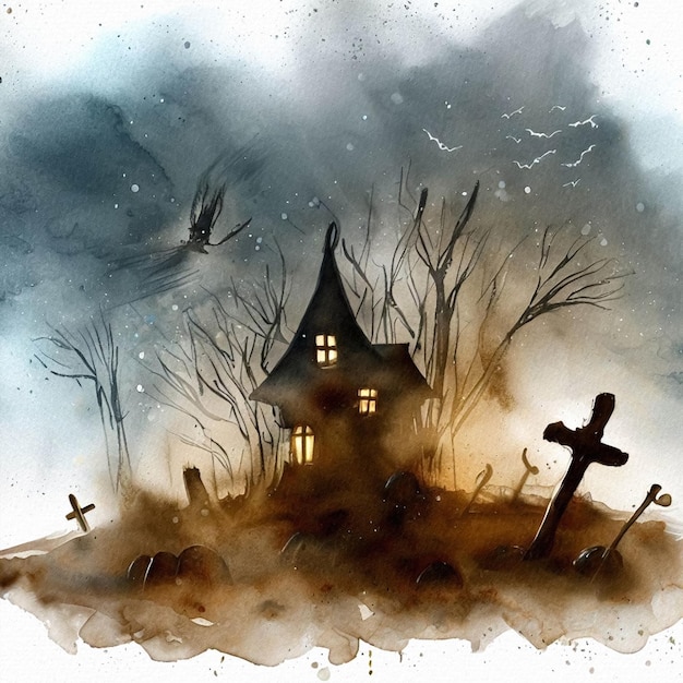 Eerie Halloween Aquarelle Illustration d'une maison effrayante au sommet d'une colline et des images hantées