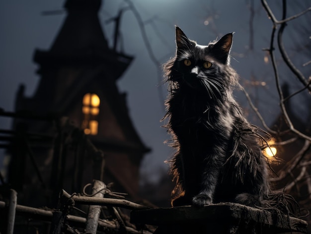 Eerie Vibes Un chat noir assis contre une maison hantée