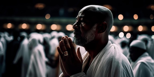 Effectuer le pèlerinage du Hajj pendant l'Aïd al-Adha habillé en Ihram et priant devant la Kaaba Generative AI