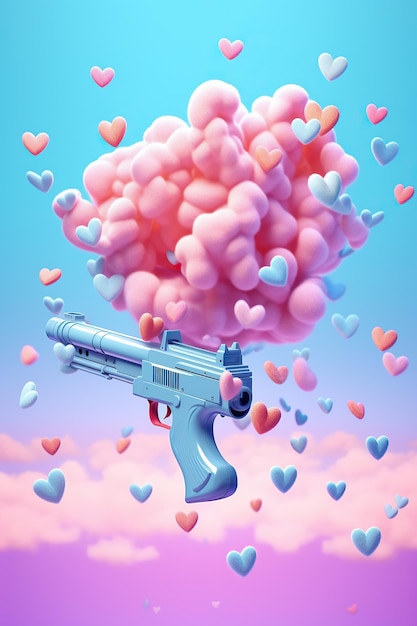 Effervescence du pistolet de vie peint avec des coeurs et de l'amour célébré avec l'explosion de ballons d'avion et d'amour