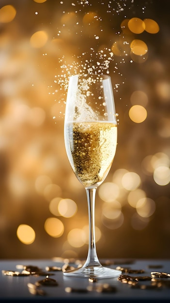 Photo l'effervescence et les teintes dorées du champagne dans un verre sur un fond de la saint-valentin