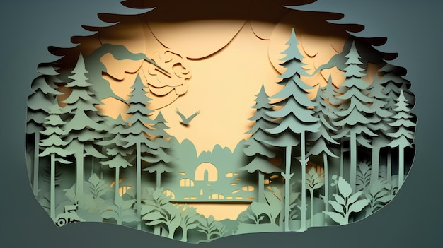 Photo effet de forêt coupée en papier paysage coupé en papier