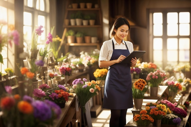 Photo effet de grain de film jeune femme asiatique heureuse en tablier à la main debout dans un magasin de fleurs.