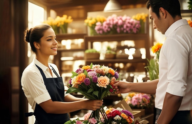 Effet de grain de film Une jeune femme vendeuse dans un magasin de fleurs montrant un bouquet au client.