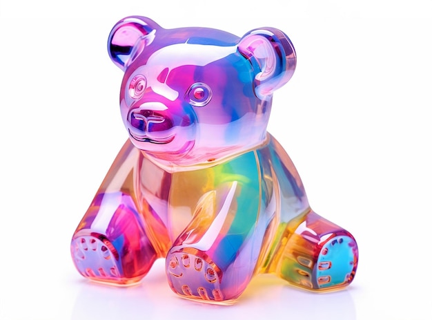 Effet holographique de spectroscopie arc-en-ciel d'ours en verre translucide sur fond blanc