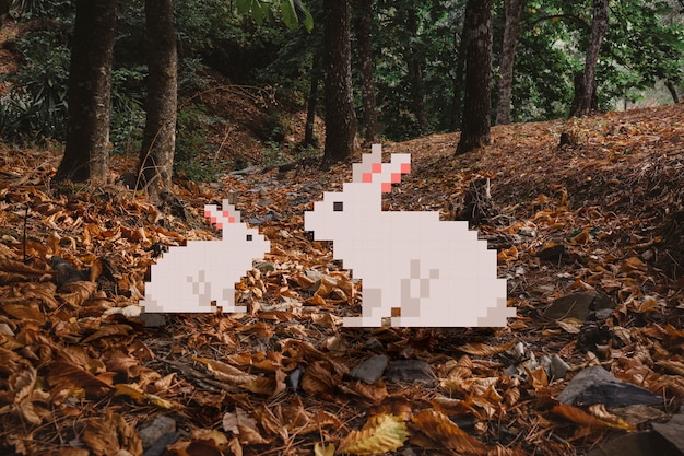 Photo effet pixel art numérique de lapins en forêt