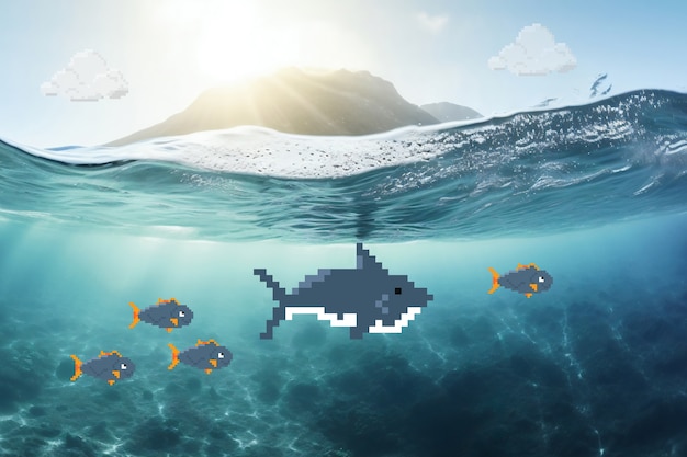 Photo effet pixel art numérique de requin et de poisson sous l'eau