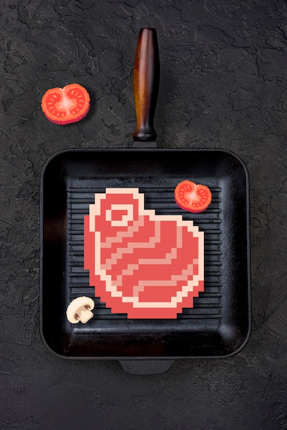 Effet pixel art numérique d'un steak dans une poêle