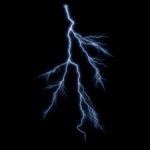Effet visuel de coup de foudre électrique réaliste isolé sur un fond noir de nuit