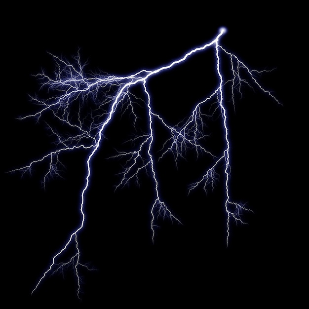 Effet visuel de coup de foudre électrique réaliste isolé sur un fond noir de nuit