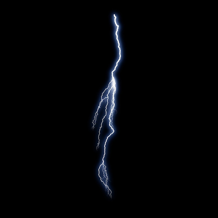 Photo effet visuel de foudre électrique réaliste isolé sur fond de nuit noire