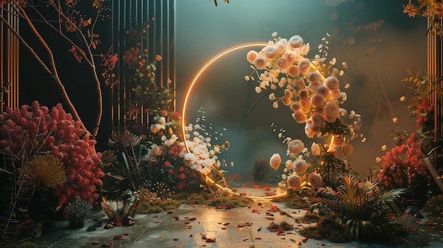 Effets d'éclairage cinématographiques dans une toile de fond numérique extravagante en cerceau floral