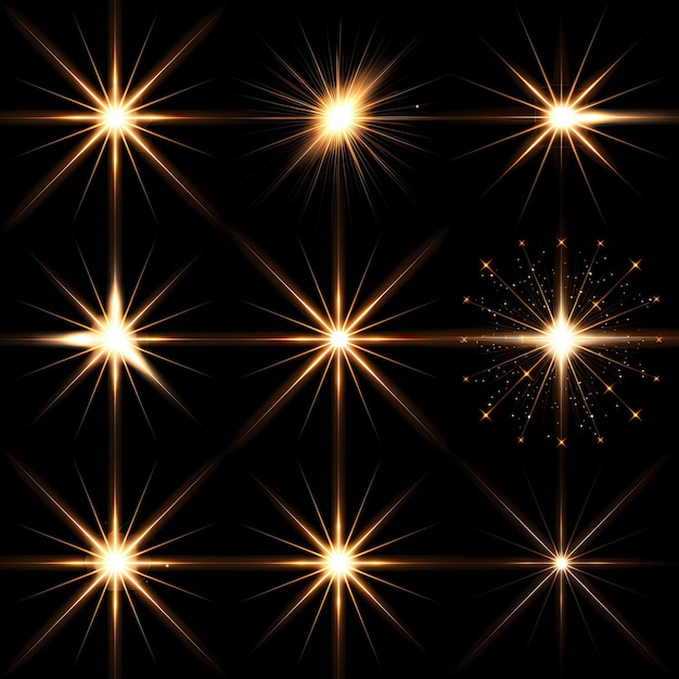 Effets de lumières dorées brillantes isolées sur un fond noir
