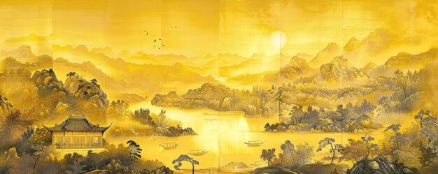 effets supplémentaires de feuilles d'or avec des peintures de paysages traditionnelles chinoises