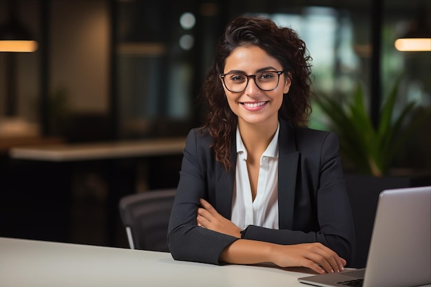 Efficiente et heureuse Une femme d'affaires productive Travaillant avec un ordinateur portable au bureau